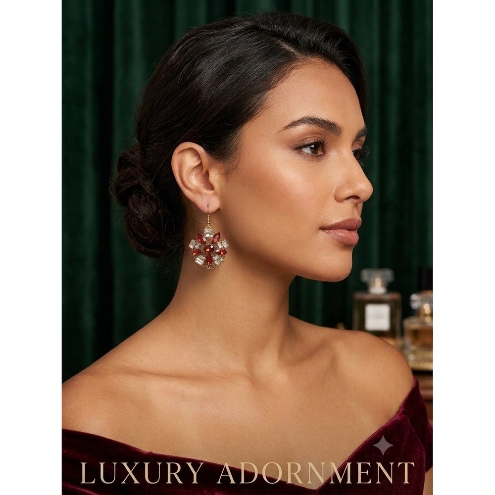 Vintage Style Red Crystal Gold Tone Starburst‎ Drop Earrings Statement Jewelry